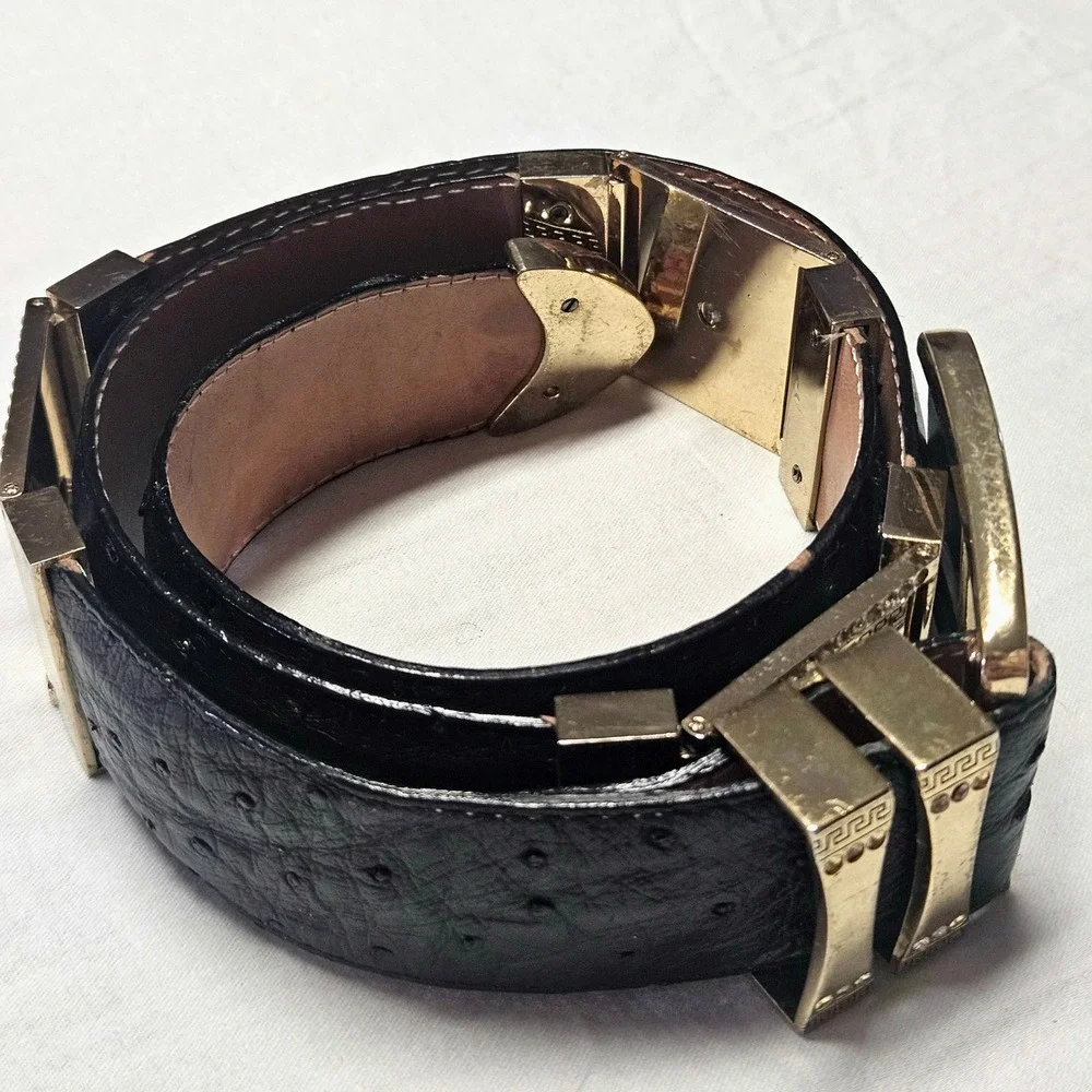 El General Ostrich Leather Belt Mens 32 Black Gold Lion Rhinestone Western Luxe